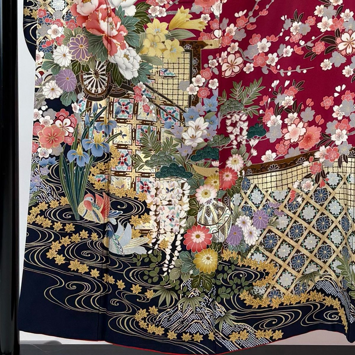 振袖 身丈155.5 cm 裄丈62.5 S 袷 花車 松竹梅 金糸 金彩 赤紫 正絹 秀品