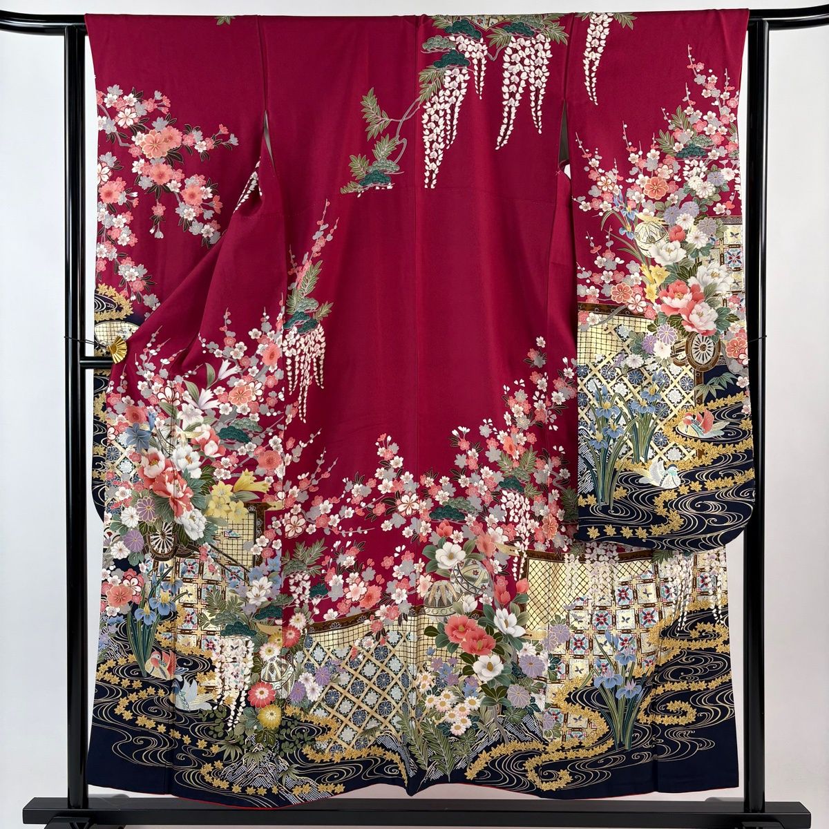 振袖 身丈155.5 cm 裄丈62.5 S 袷 花車 松竹梅 金糸 金彩 赤紫 正絹 秀品