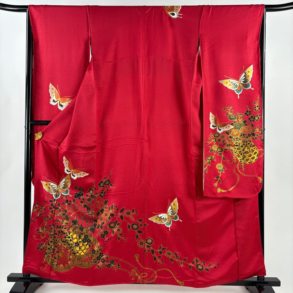 振袖 身丈160 5 cm 裄丈66 M 袷 花車 蝶 金通し 金銀彩 赤 正絹 秀品