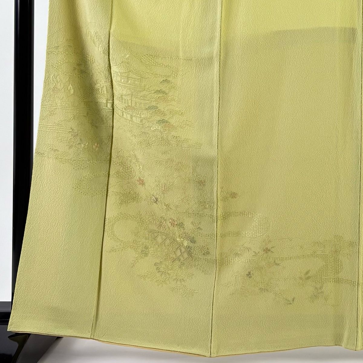 付下げ 身丈165 cm 裄丈65.5 M 袷 建物 ヱ霞 刺繍 抹茶色 正絹 秀品