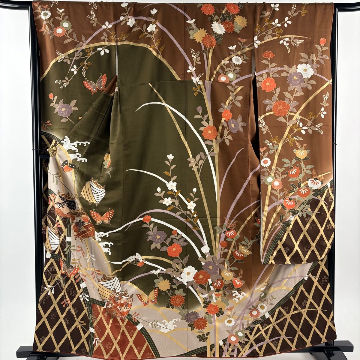 振袖 身丈160 5 cm 裄丈65 M 袷 糸巻き 蝶 金糸 金彩 茶色 正絹 秀品