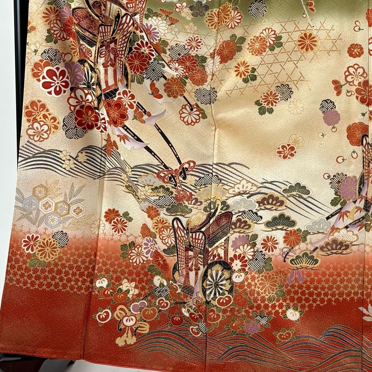 振袖 身丈164 cm 裄丈66 M 袷 御所車 草花 金糸 金彩 鶯色 正絹 秀品