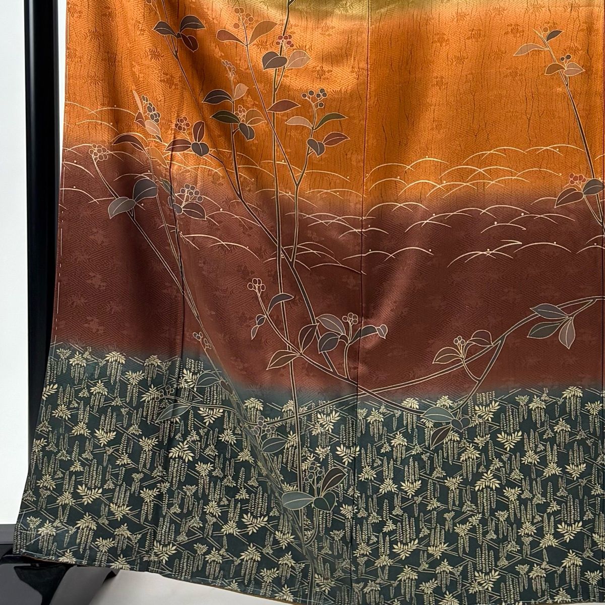 訪問着 身丈164 cm 裄丈66 M 袷 落款 葉と実 藤 金彩 染め分け 茶色 正絹 秀品