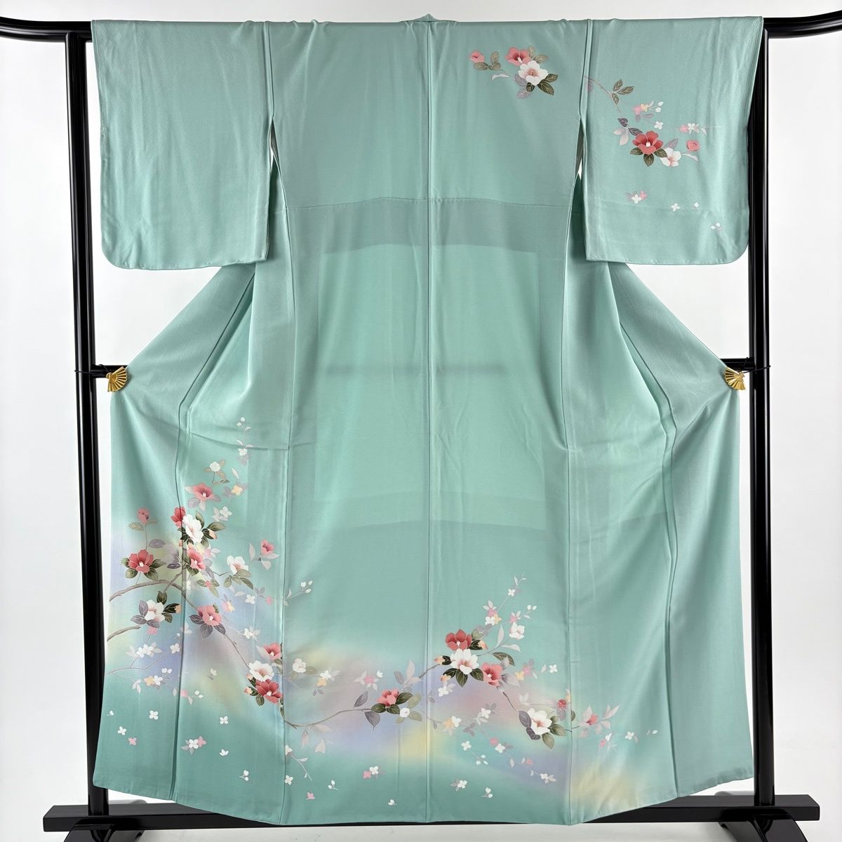 訪問着 身丈159.5cm 裄丈64cm M 袷 椿 枝花 ぼかし 薄緑 正絹 秀品