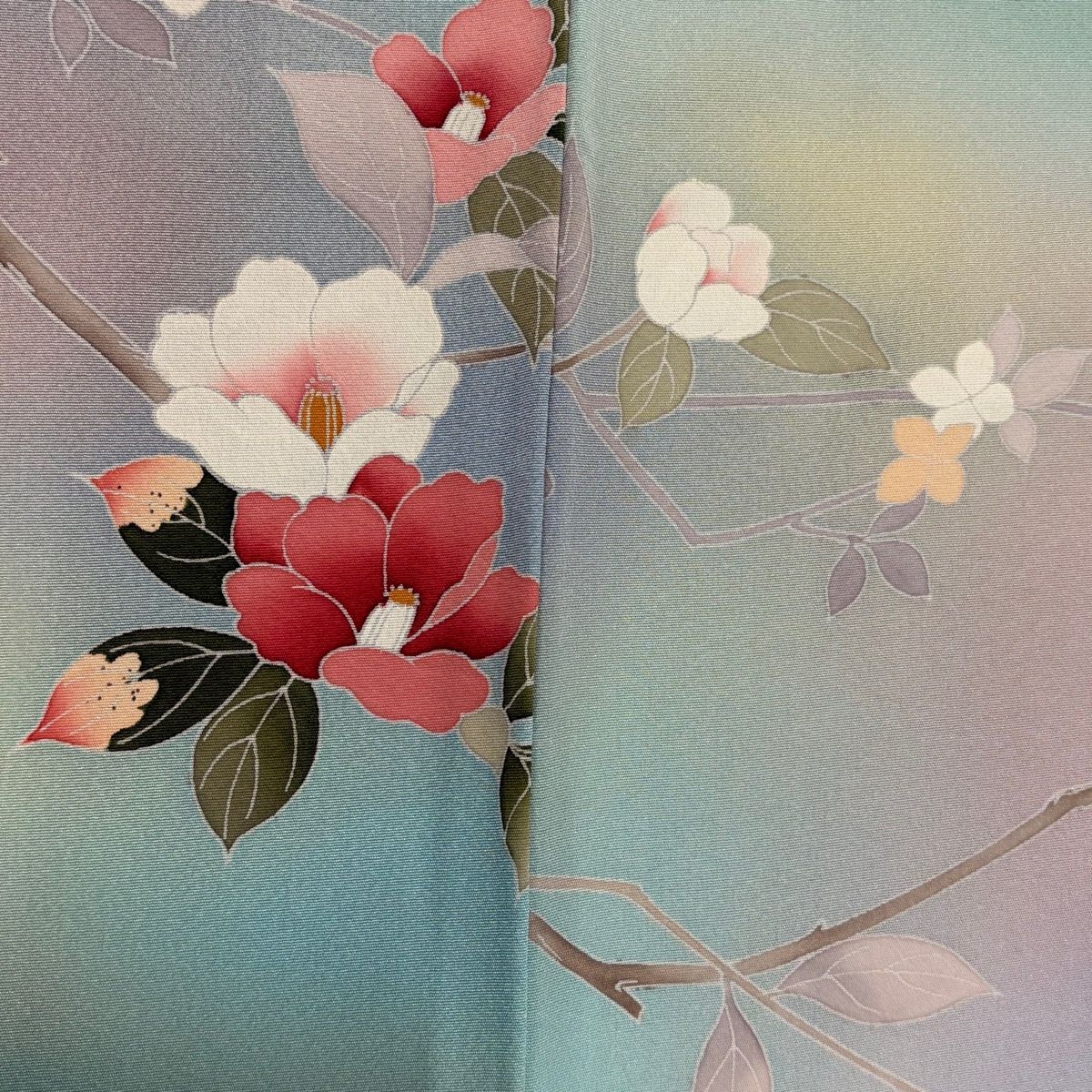 訪問着 身丈159.5cm 裄丈64cm M 袷 椿 枝花 ぼかし 薄緑 正絹 秀品