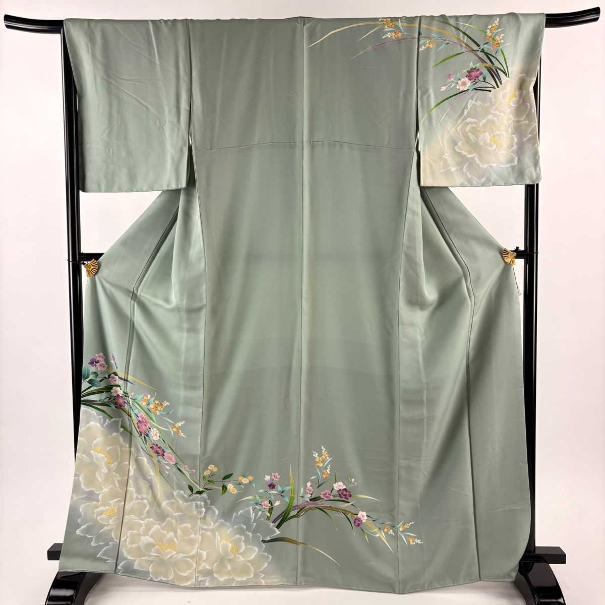 訪問着 身丈166.5 cm 裄丈67.5 L 袷 牡丹 草花 金彩 ぼかし 薄緑 正絹 秀品