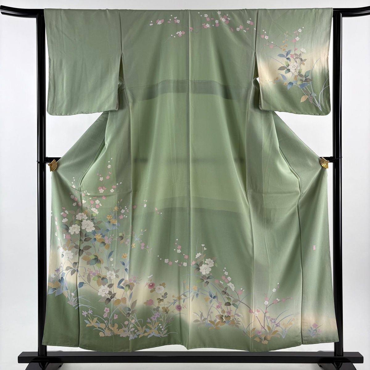 訪問着 身丈155 cm 裄丈64 M 袷 落款 枝花 ぼかし 薄緑 正絹 秀品