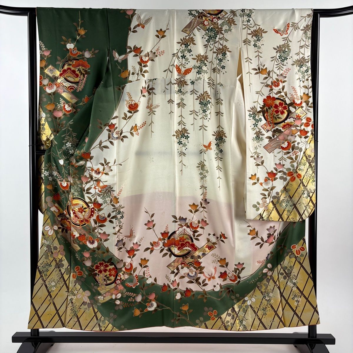 振袖 身丈155 cm 裄丈63 5 S 袷 蝶 橘 金糸 金彩 深緑 正絹 秀品