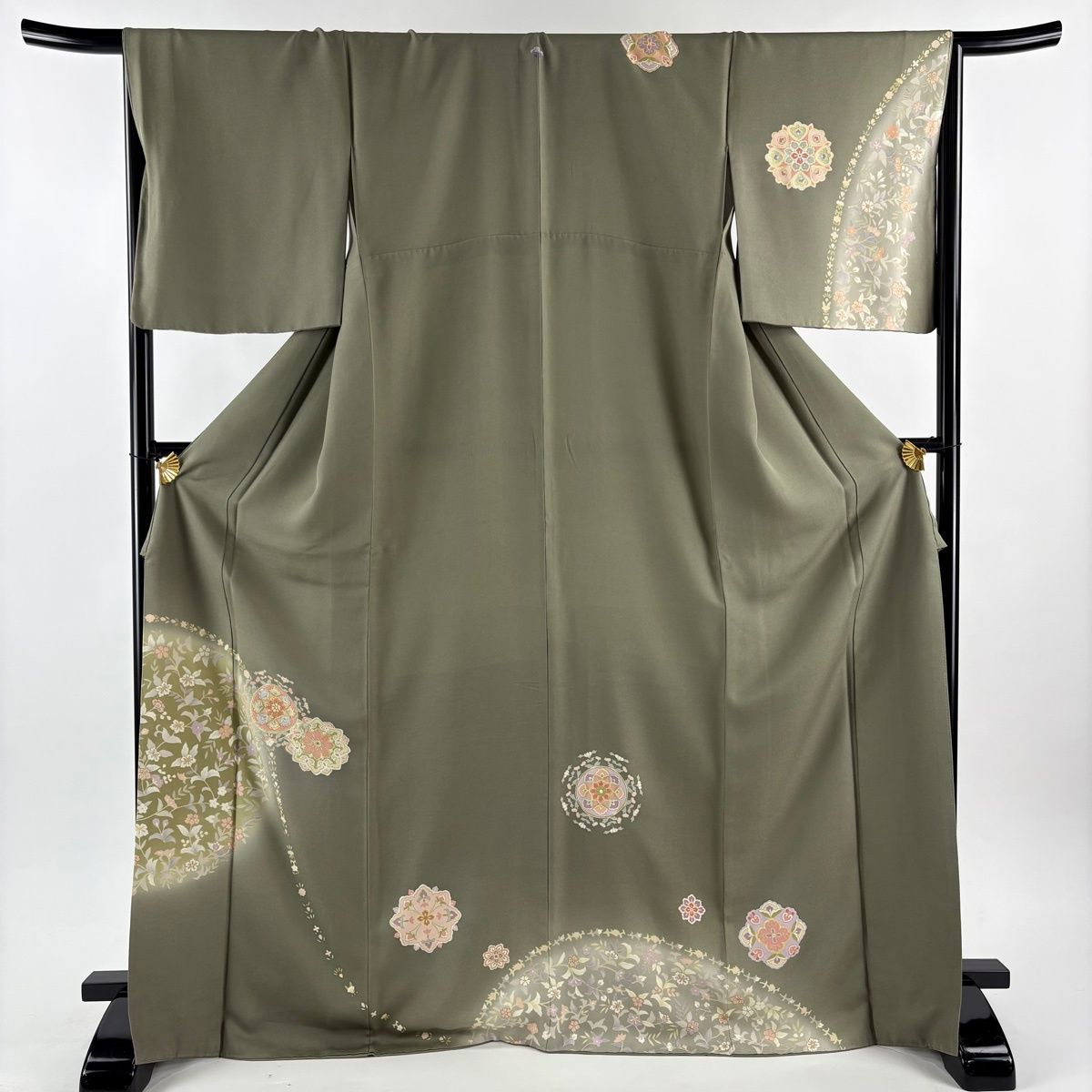 訪問着 身丈170 cm 裄丈67 M 袷 華文 草花 金糸 金彩 灰緑 正絹 秀品 一つ紋