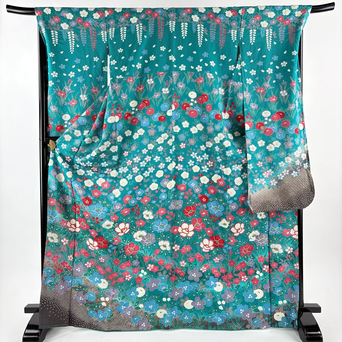 振袖 身丈169 cm 裄丈69 L 袷 草花 金彩 絞り 緑 正絹