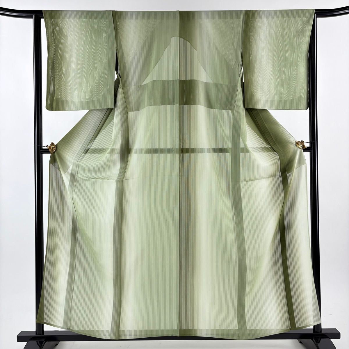 小紋 身丈158.5 cm 裄丈64 M 薄物 縦ぼかし柄 よもぎ色 正絹 名品