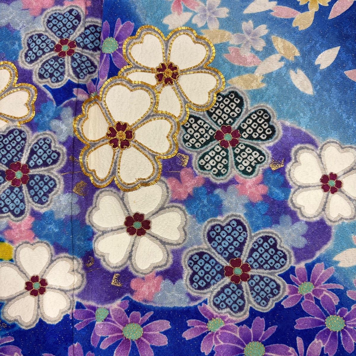  振袖 身丈158 cm 裄丈68.5 L 袷 桜 花びら 金通し 金糸 青 正絹 振袖 着物