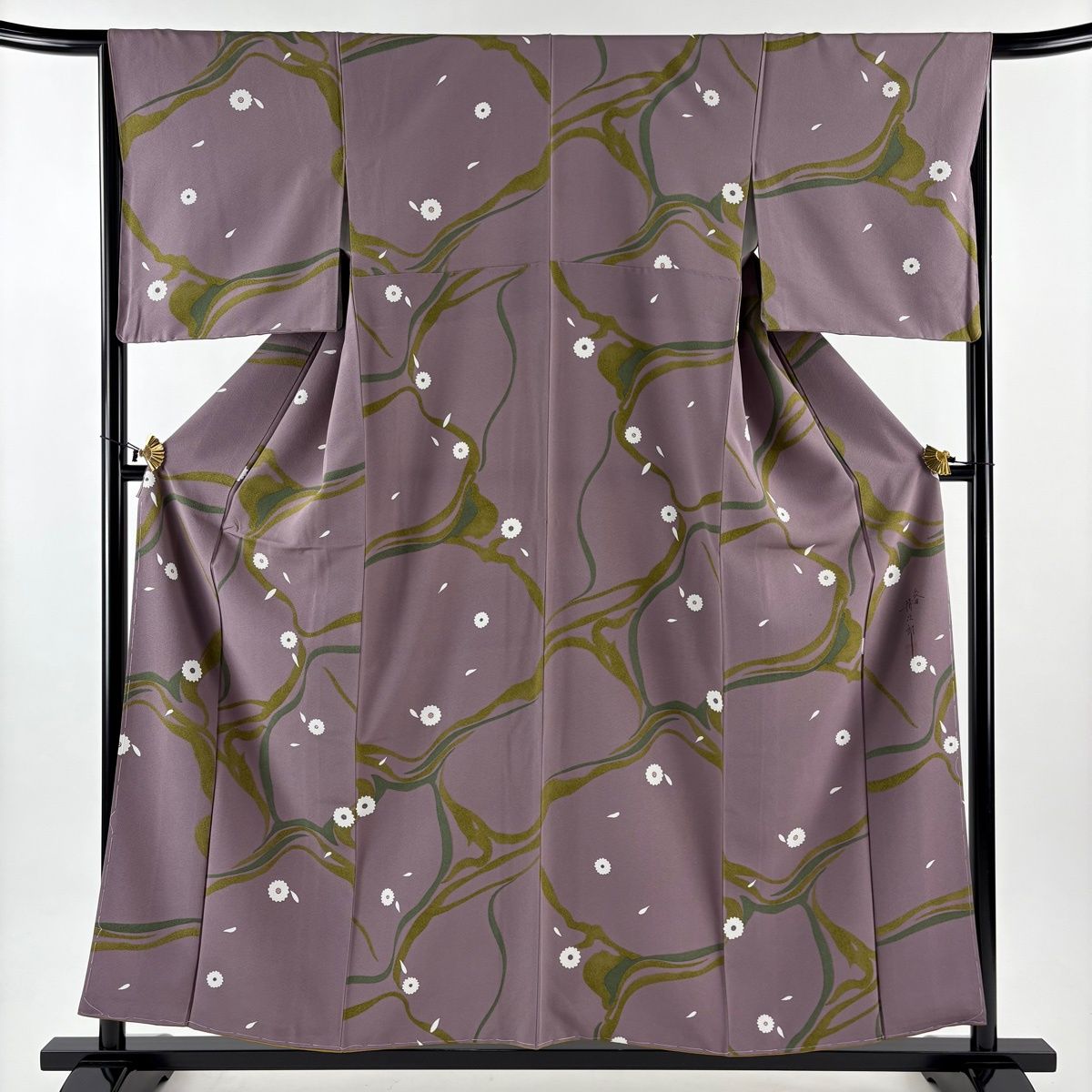 小紋 身丈158cm 裄丈66cm M 袷 二代目清次郎 落款 花 幾何学模様 灰紫 正絹 名品 【】