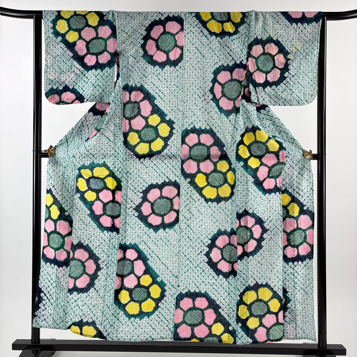 浴衣 身丈154 cm 裄丈65.5 M 絞り浴衣 花 幾何学 緑 綿