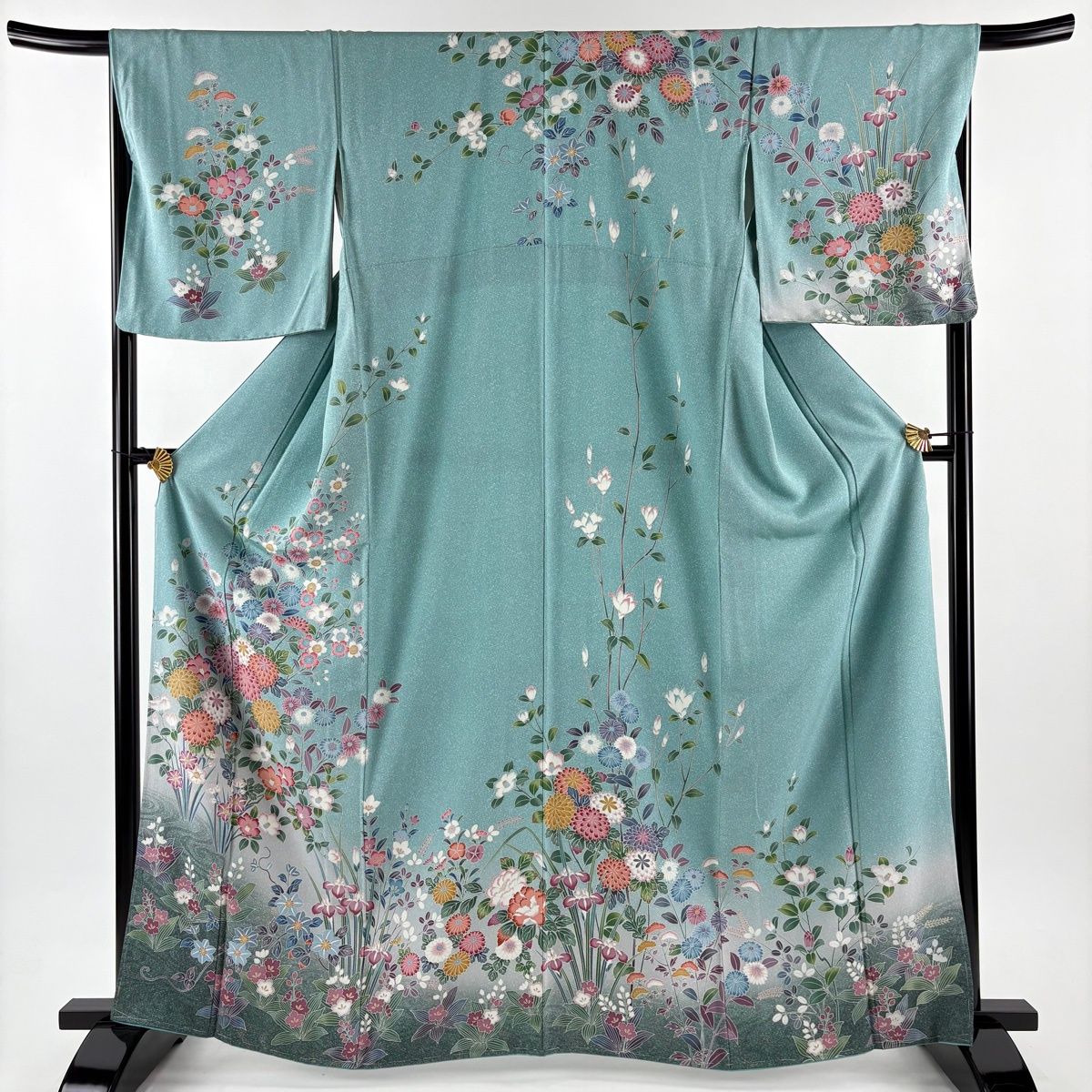 訪問着 身丈165.5cm 裄丈68cm L 袷 菊 花唐草 ぼかし 薄緑 正絹 名品