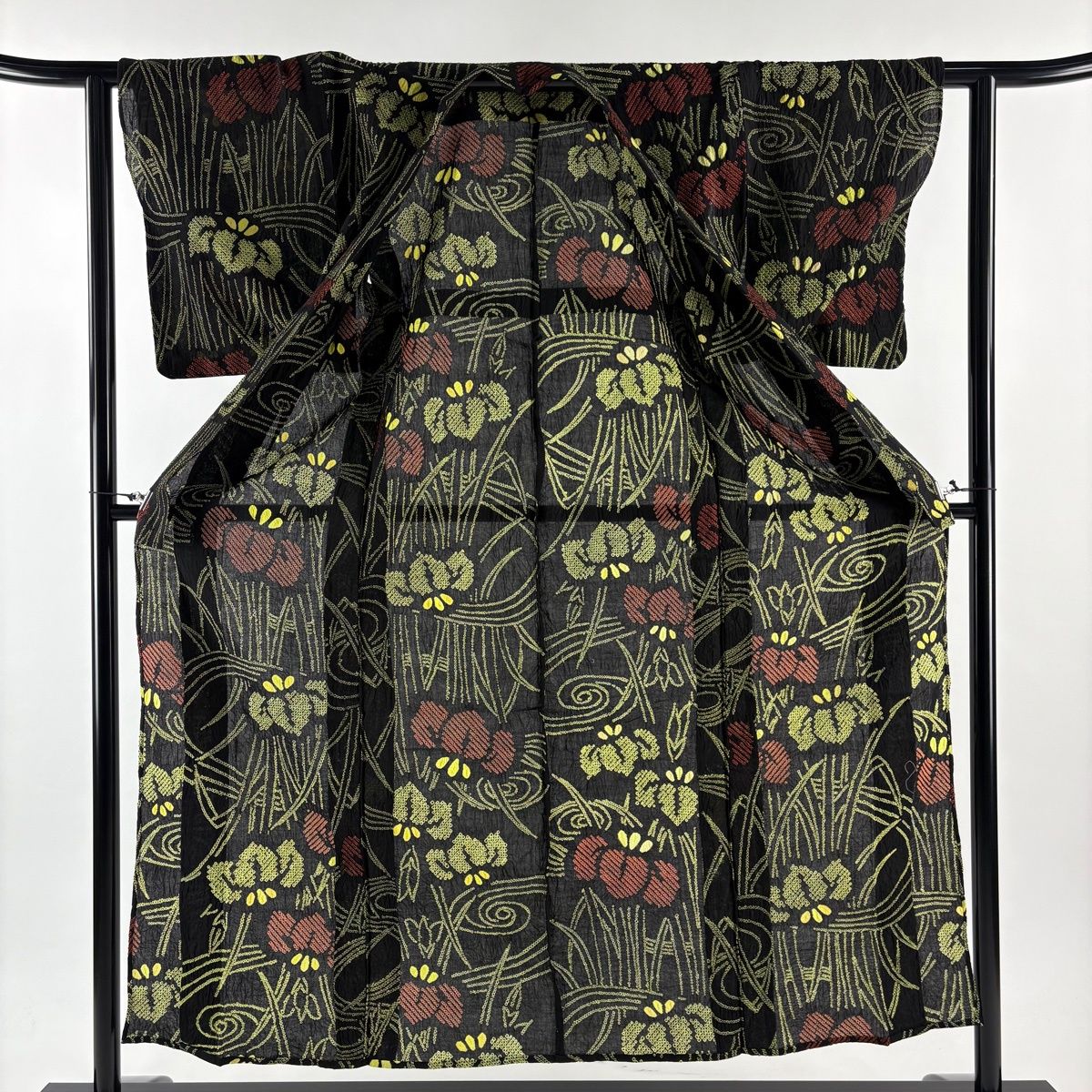  浴衣 身丈154 cm 裄丈62 S 絞り浴衣 菖蒲 流水 黒 綿 浴衣単品 浴衣