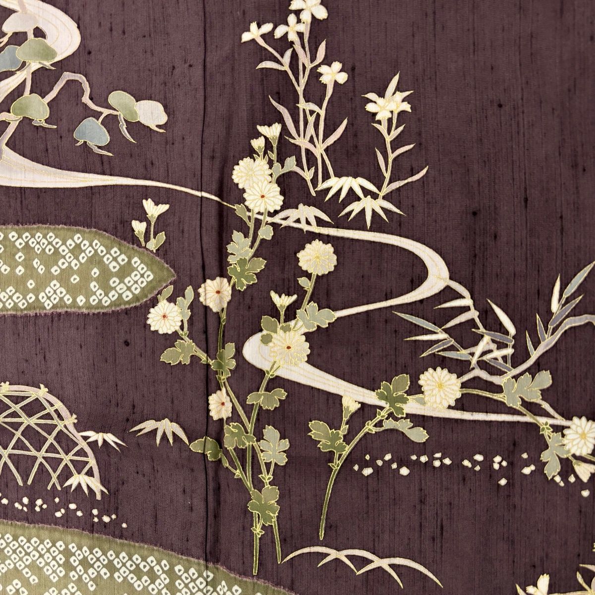  訪問着 身丈160 cm 裄丈67.5 L 袷 紬地 菊 流水 金彩 紫 正絹 訪問着 付け下げ 着物