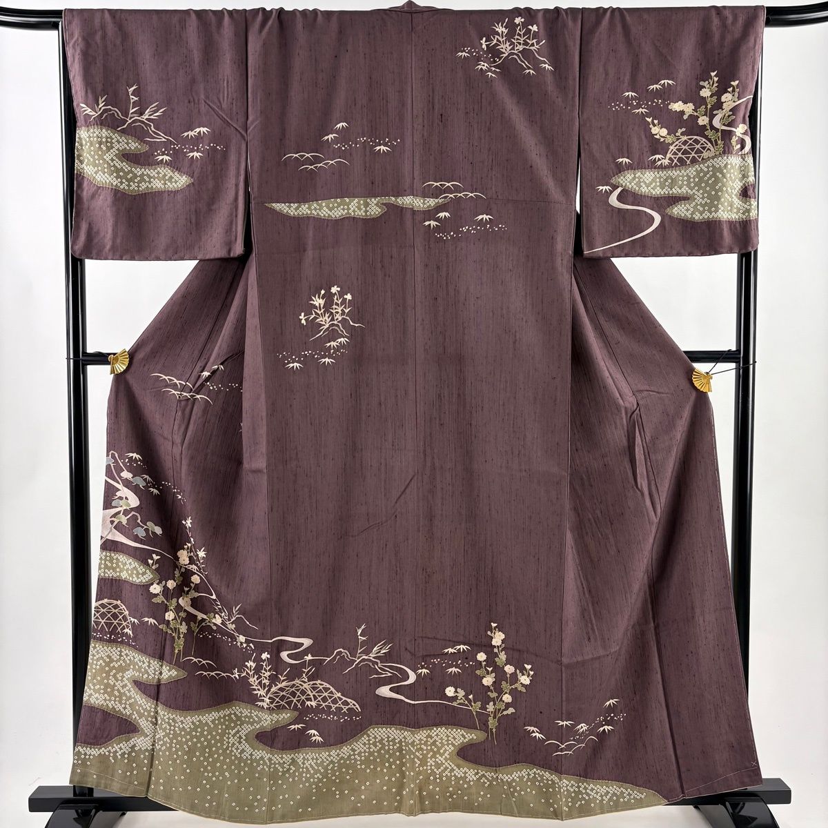 訪問着 身丈160 cm 裄丈67.5 L 袷 紬地 菊 流水 金彩 紫 正絹