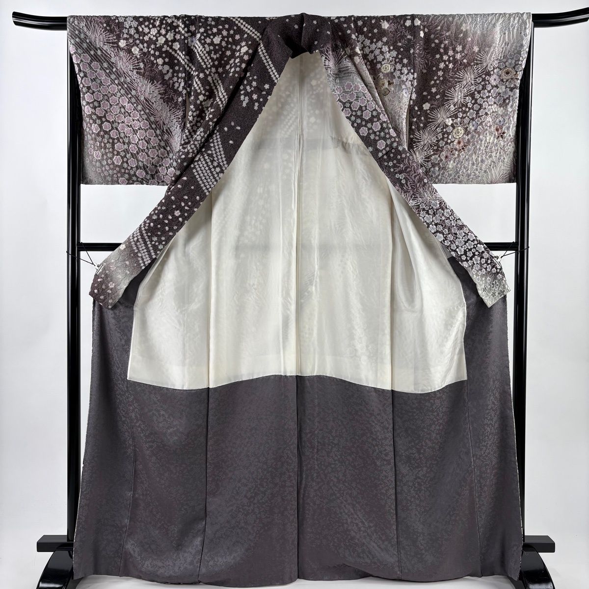  訪問着 身丈168 cm 裄丈67 M 袷 辻が花柄 若松 銀通し 相良刺繍 茶紫 正絹 訪問着 付け下げ 着物