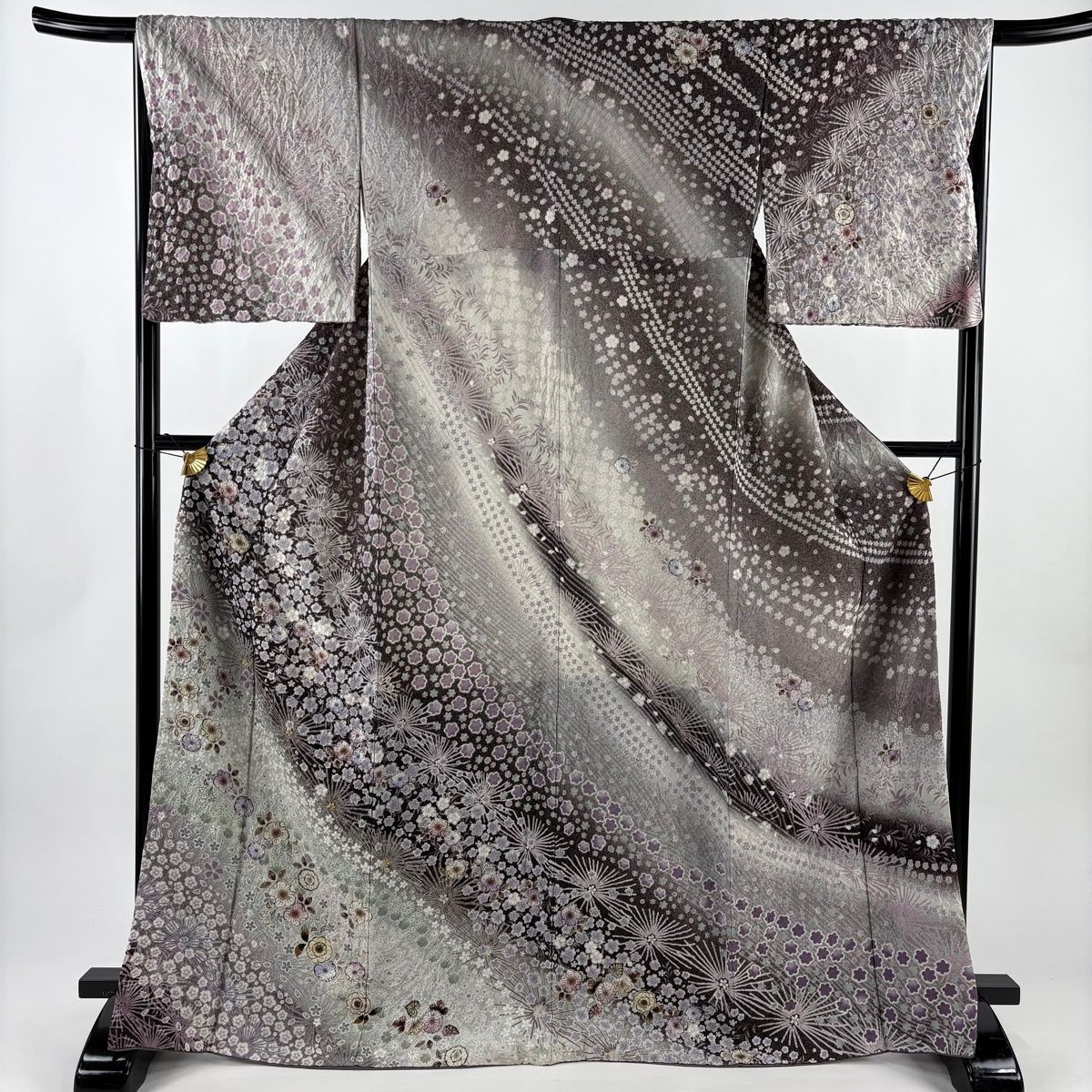 訪問着 身丈168 cm 裄丈67 M 袷 辻が花柄 若松 銀通し 相良刺繍 茶紫 正絹