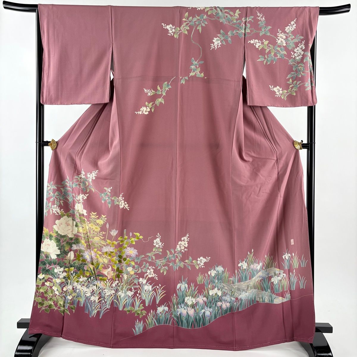 訪問着 身丈167 5 cm 裄丈67 M 袷 岡村蒼風 落款 牡丹 枝花 染め分け ぼかし 濃ピンク 正絹