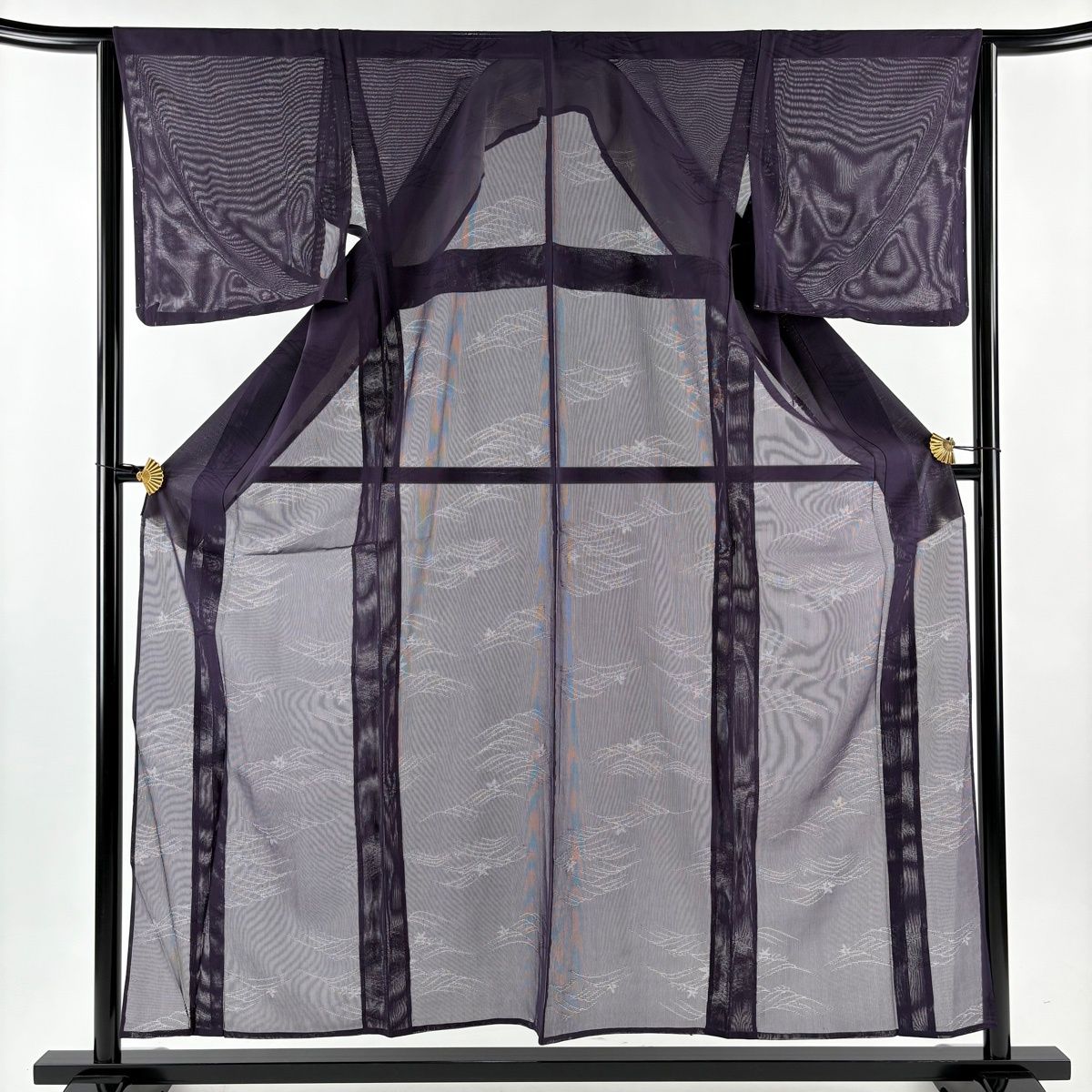 色無地 身丈157 cm 裄丈64.5 M 薄物 縦絽 波 草花 紫 正絹