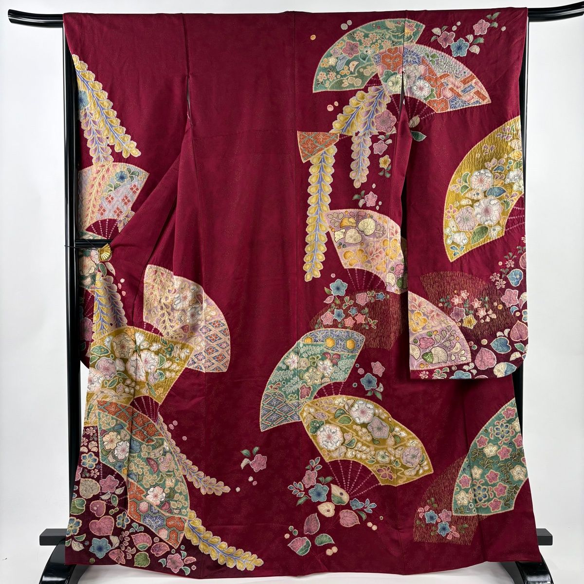 振袖 身丈166.5 cm 裄丈65.5 M 袷 扇 辻が花柄 金通し 絞り 赤紫 正絹 名品