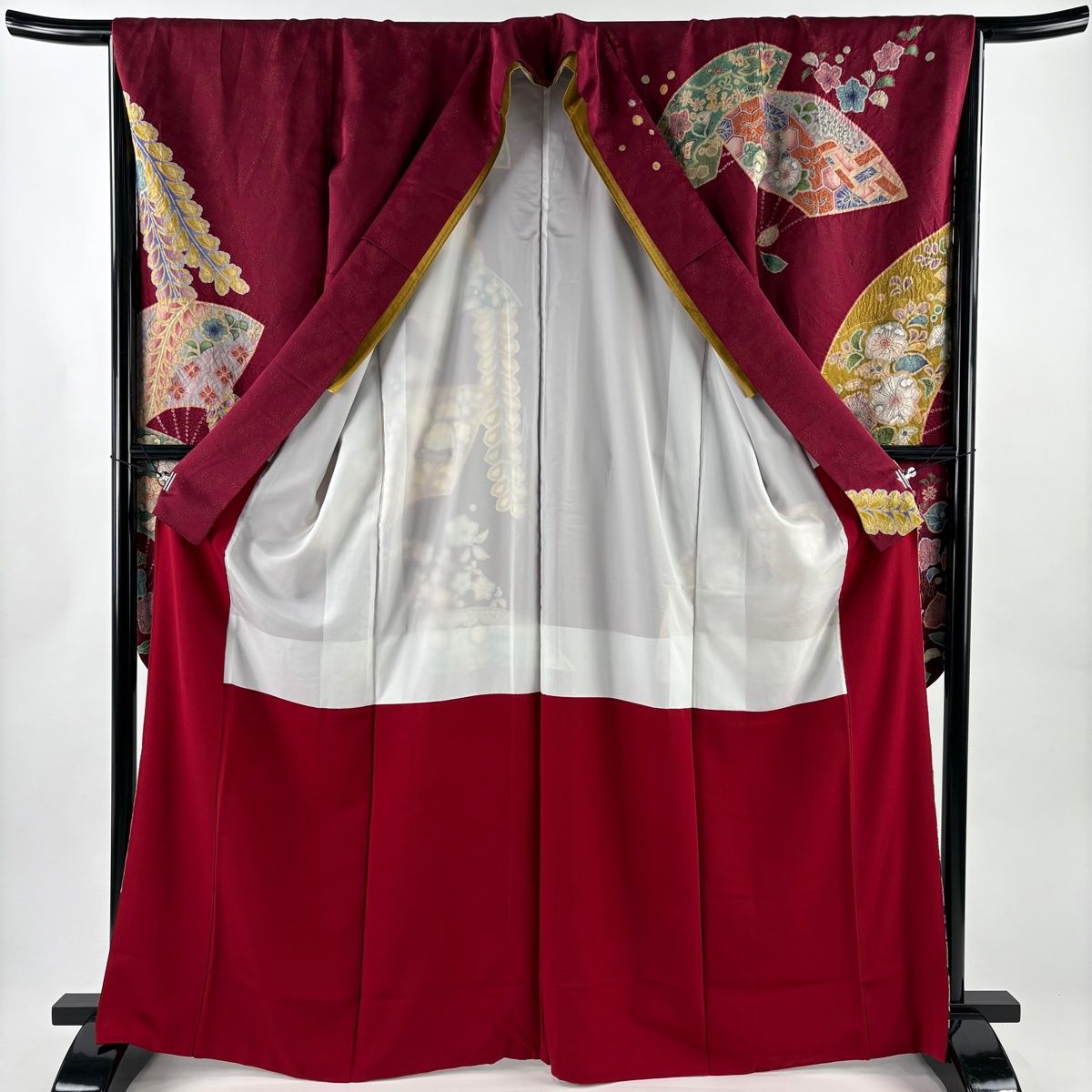 美品】 振袖 身丈166.5cm 裄丈65.5cm M 袷 扇 辻が花柄 金通し 絞り 赤