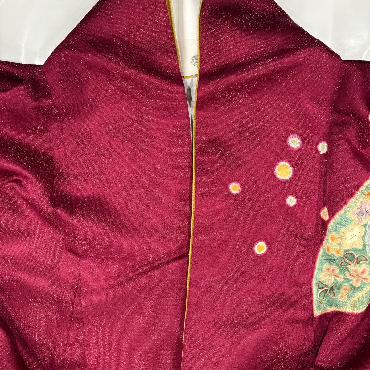 美品】 振袖 身丈166.5cm 裄丈65.5cm M 袷 扇 辻が花柄 金通し 絞り 赤