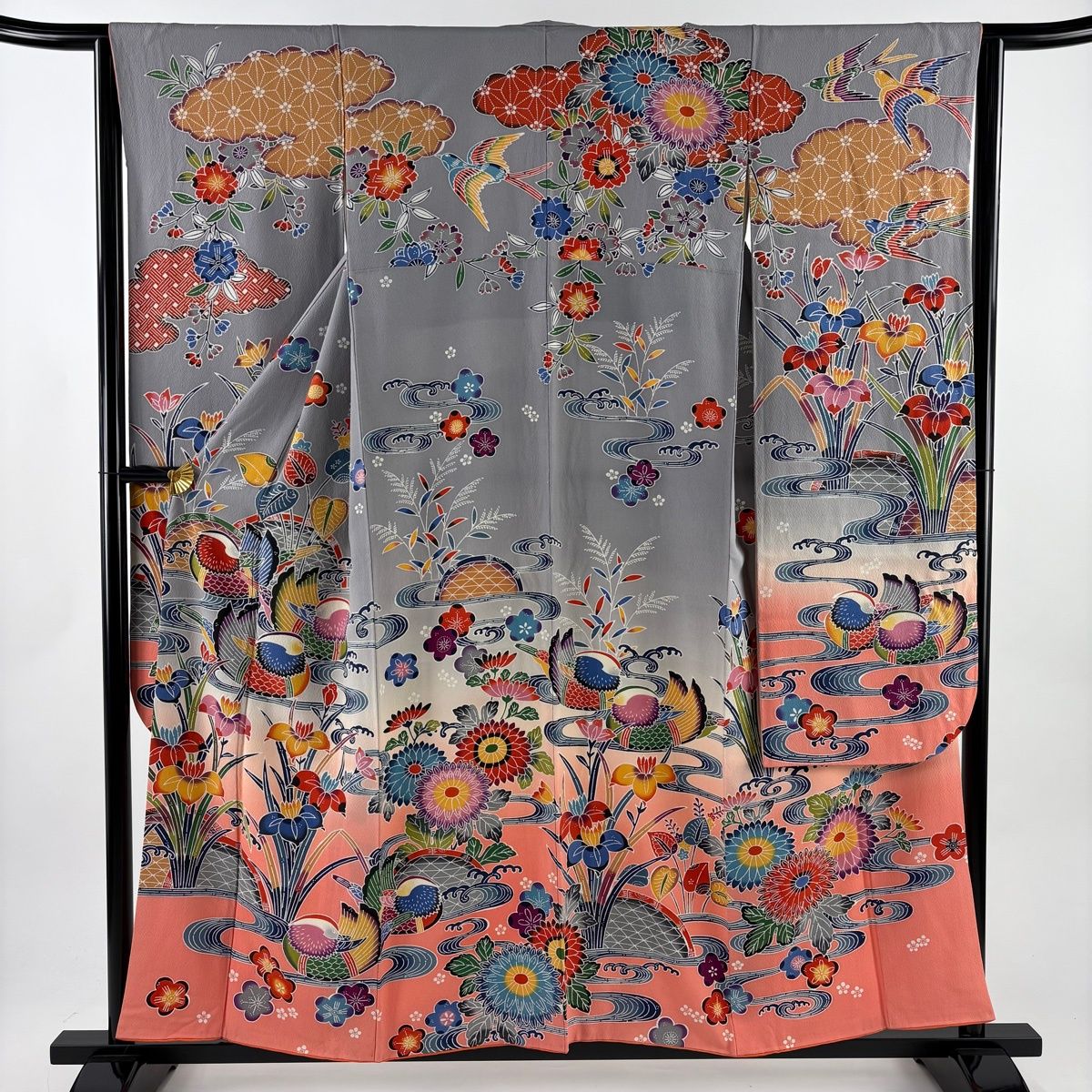 振袖 身丈157 cm 裄丈63.5 S 袷 鴛鴦 菖蒲 染め分け ぼかし 灰色 正絹