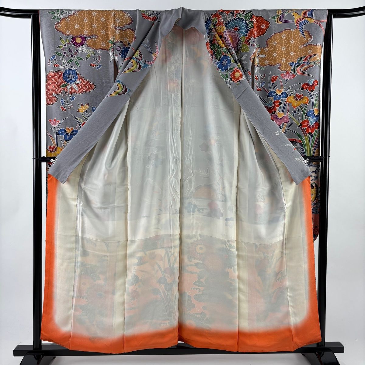  振袖 身丈157 cm 裄丈63 5 S 袷 鴛鴦 菖蒲 染め分け ぼかし 灰色 正絹 振袖 着物