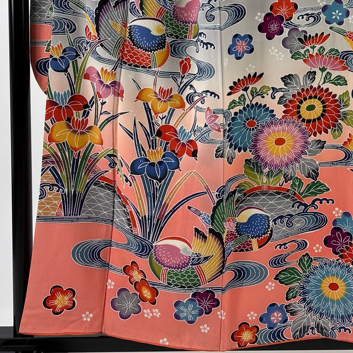 振袖 身丈157 cm 裄丈63.5 S 袷 鴛鴦 菖蒲 染め分け ぼかし 灰色 正絹 名品