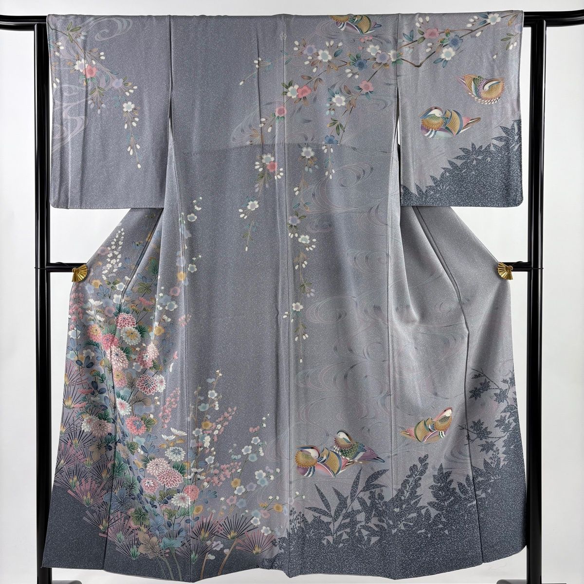 訪問着 身丈151.5 cm 裄丈62.5 S 袷 鴛鴦 松梅 染め分け 金彩 灰紫 正絹 一つ紋