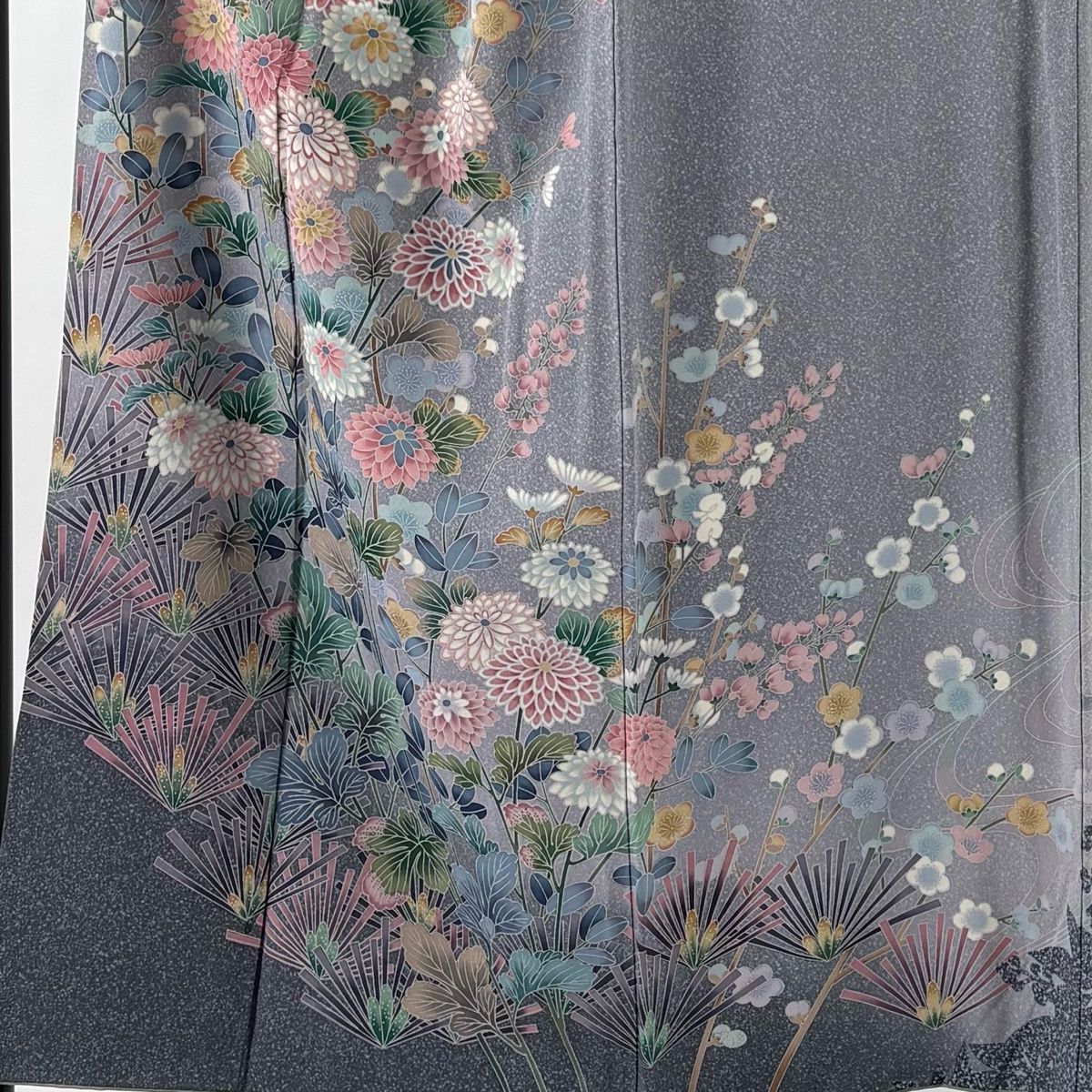 訪問着 身丈151.5 cm 裄丈62.5 S 袷 鴛鴦 松梅 染め分け 金彩 灰紫 正絹 一つ紋