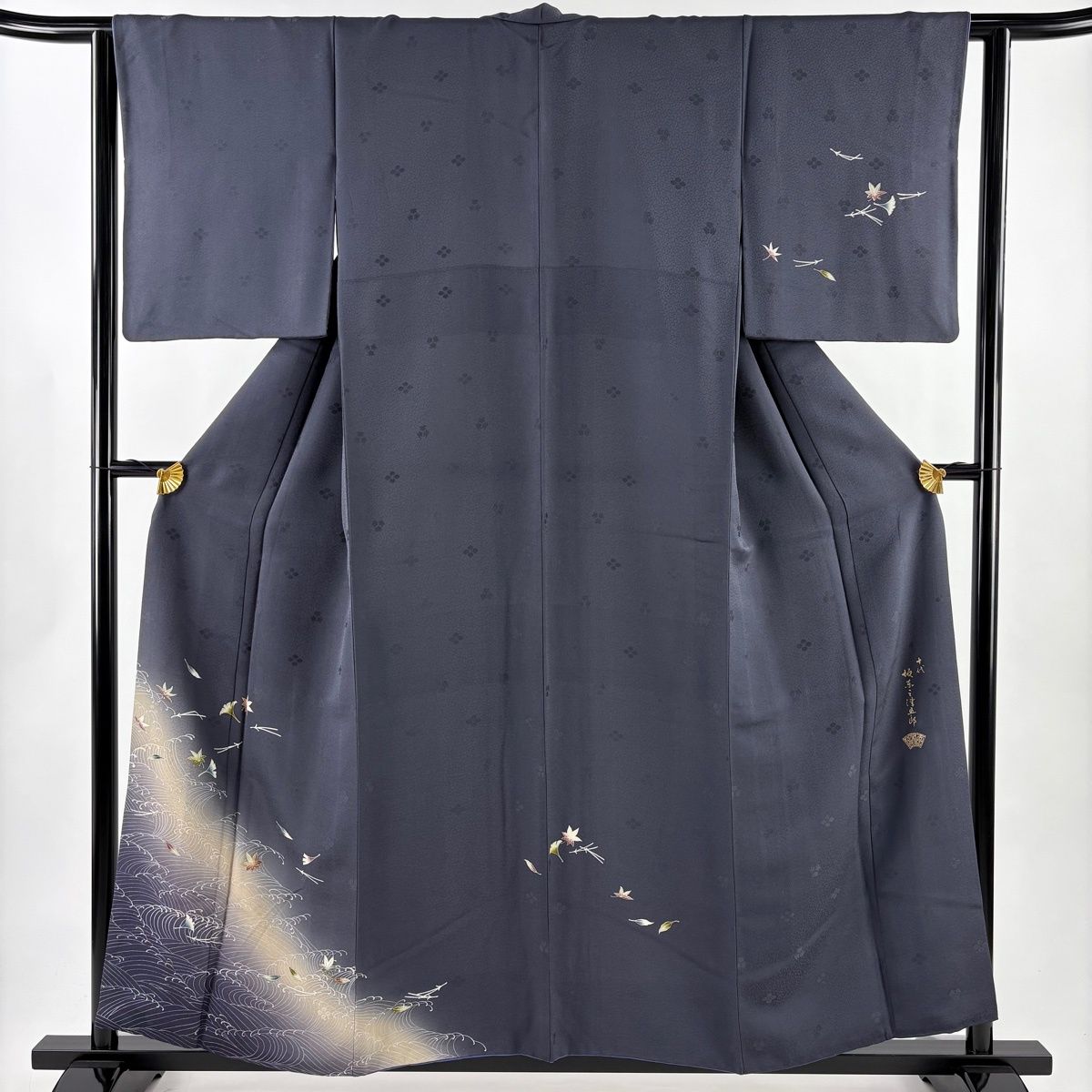 付下げ 身丈156 cm 裄丈63 S 袷 坂東三津五郎 やまと 落款 波 吹寄せ 金彩 ぼかし 青紫 正絹 名品