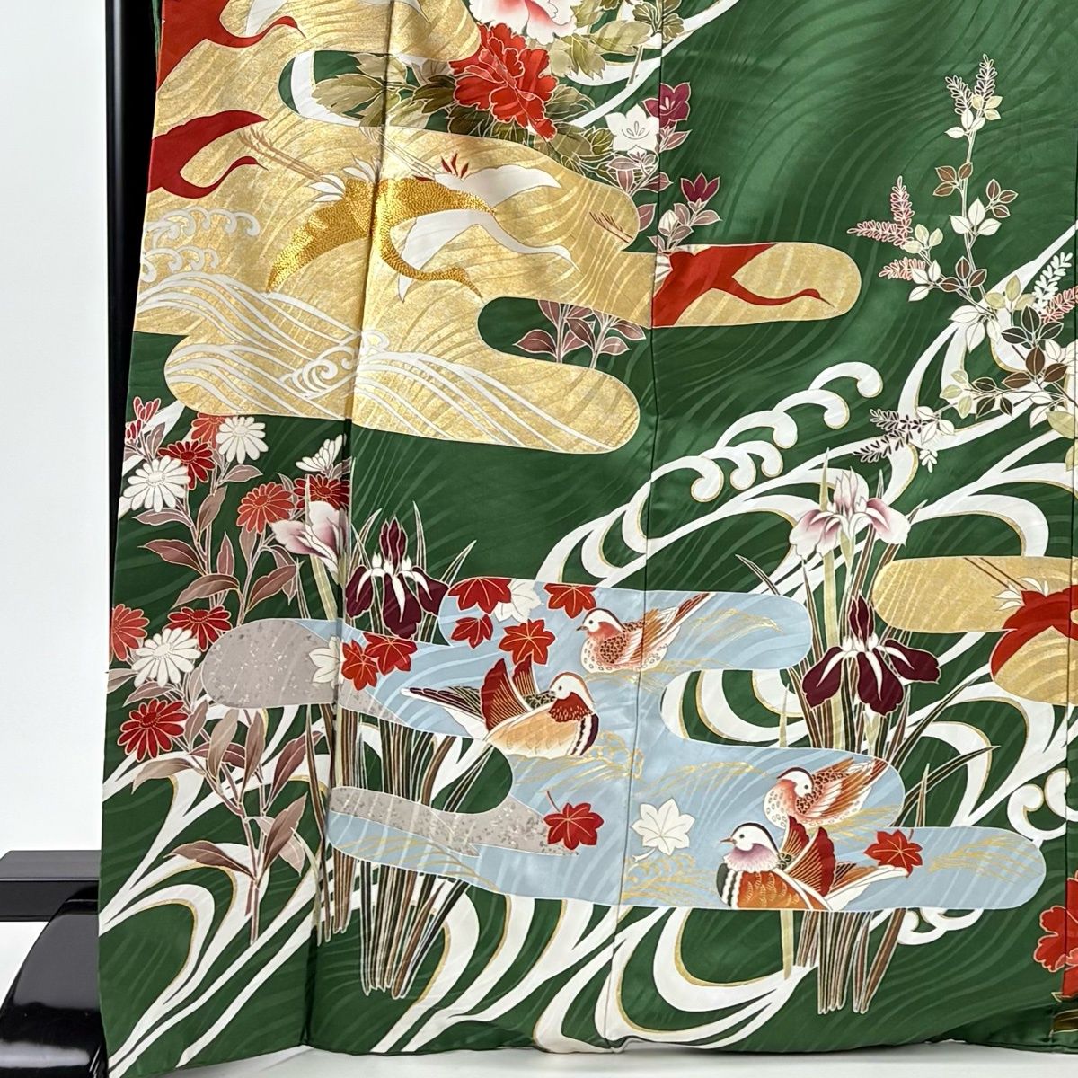 振袖 身丈170.5 cm 裄丈66 M 袷 鶴 牡丹 金糸 金銀彩 緑 正絹