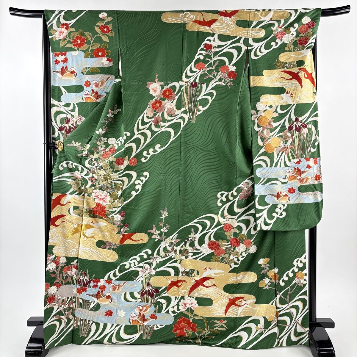 振袖 身丈170.5 cm 裄丈66 M 袷 鶴 牡丹 金糸 金銀彩 緑 正絹 名品