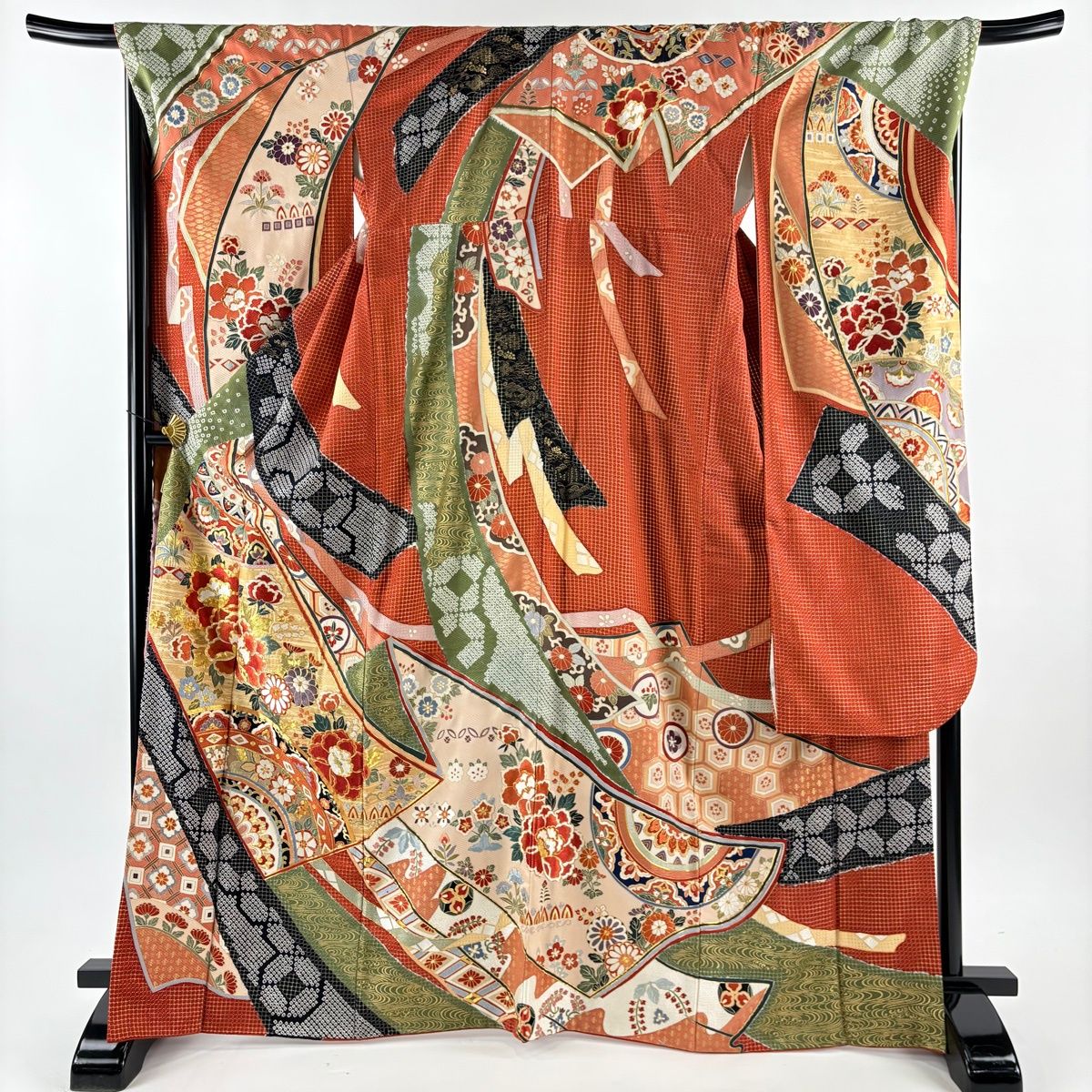 振袖 身丈169 cm 裄丈68.5 L 袷 牡丹 熨斗 刺繍 金糸 朱色 正絹 名品