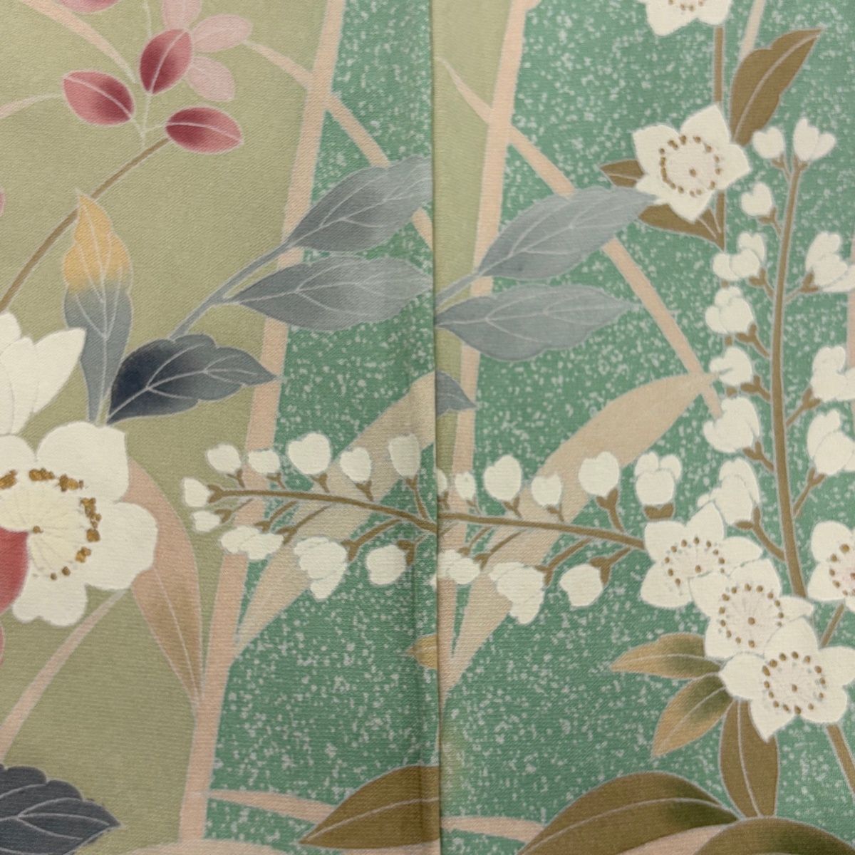  訪問着 身丈170 cm 裄丈69 L 袷 やまと 草花 染め分け 金彩 抹茶色 正絹 訪問着 付け下げ 着物