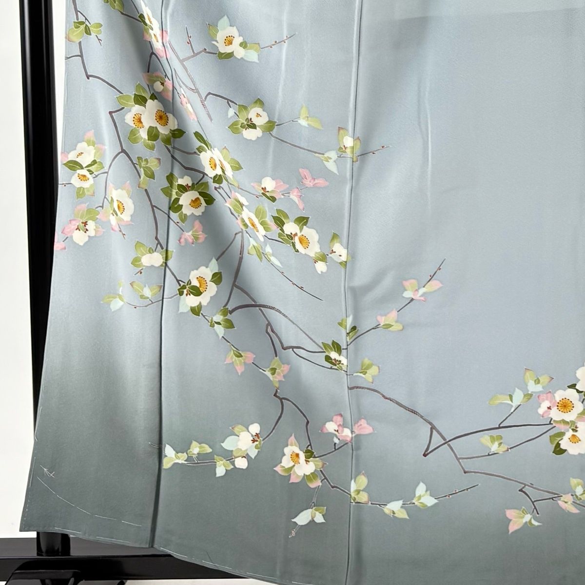 訪問着 身丈161.5 cm 裄丈65.5 M 袷 藤村建雄 落款 枝花 ぼかし 青灰色 正絹 名品