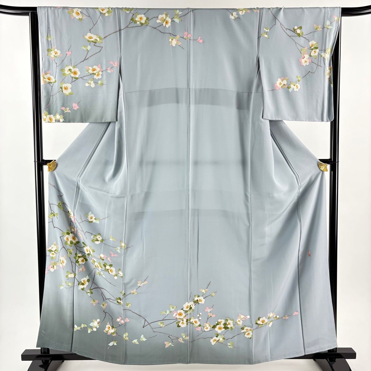 訪問着 身丈161.5 cm 裄丈65.5 M 袷 藤村建雄 落款 枝花 ぼかし 青灰色 正絹 名品
