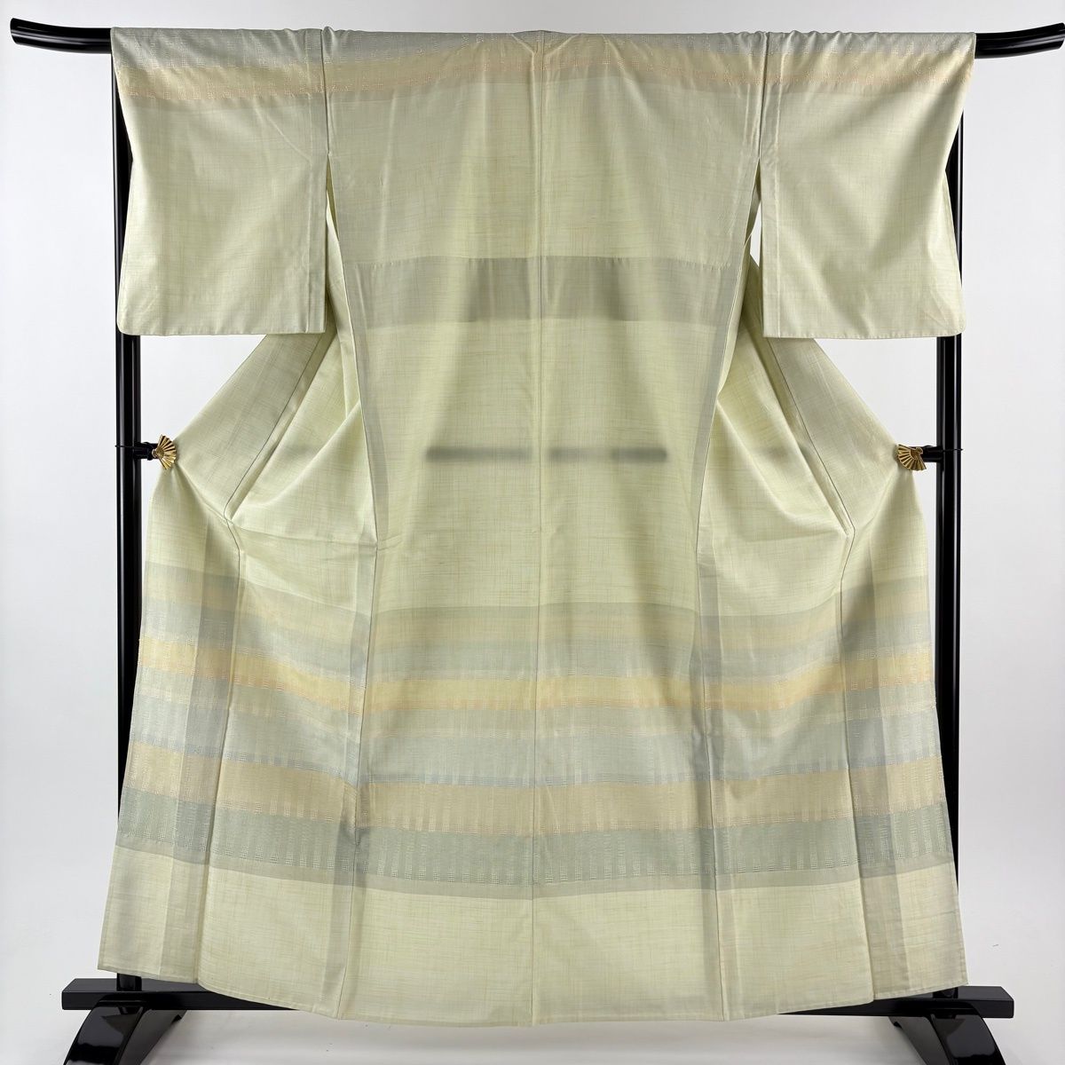 訪問着 身丈152 cm 裄丈68 L 単衣 天蚕紬 紬地 縞 幾何学模様 薄緑 正絹