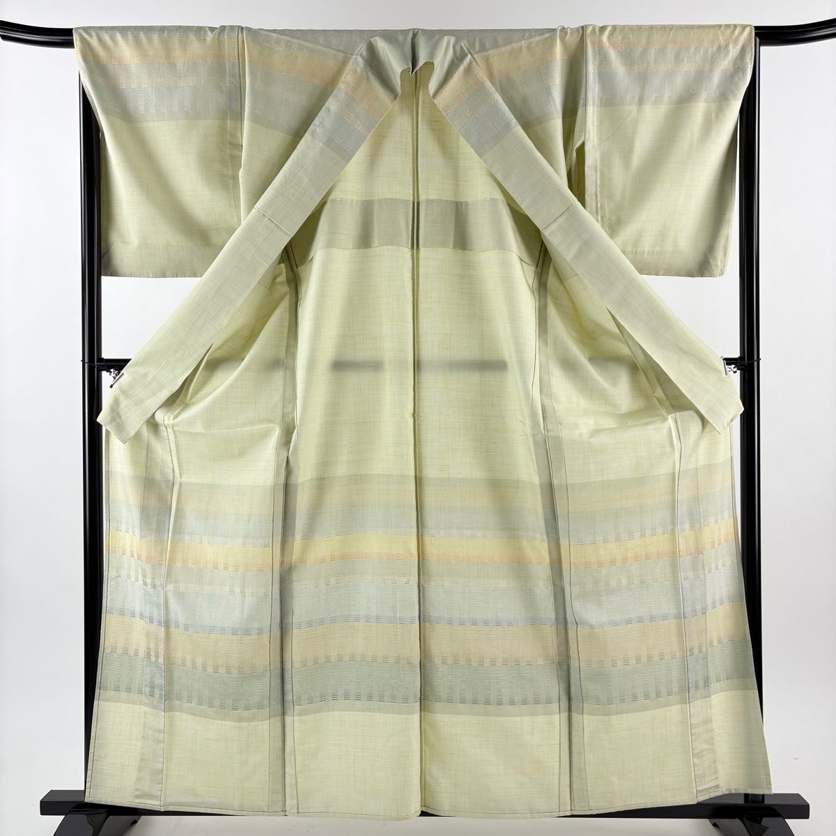  訪問着 身丈152 cm 裄丈68 L 単衣 天蚕紬 紬地 縞 幾何学模様 薄緑 正絹 訪問着 付け下げ 着物