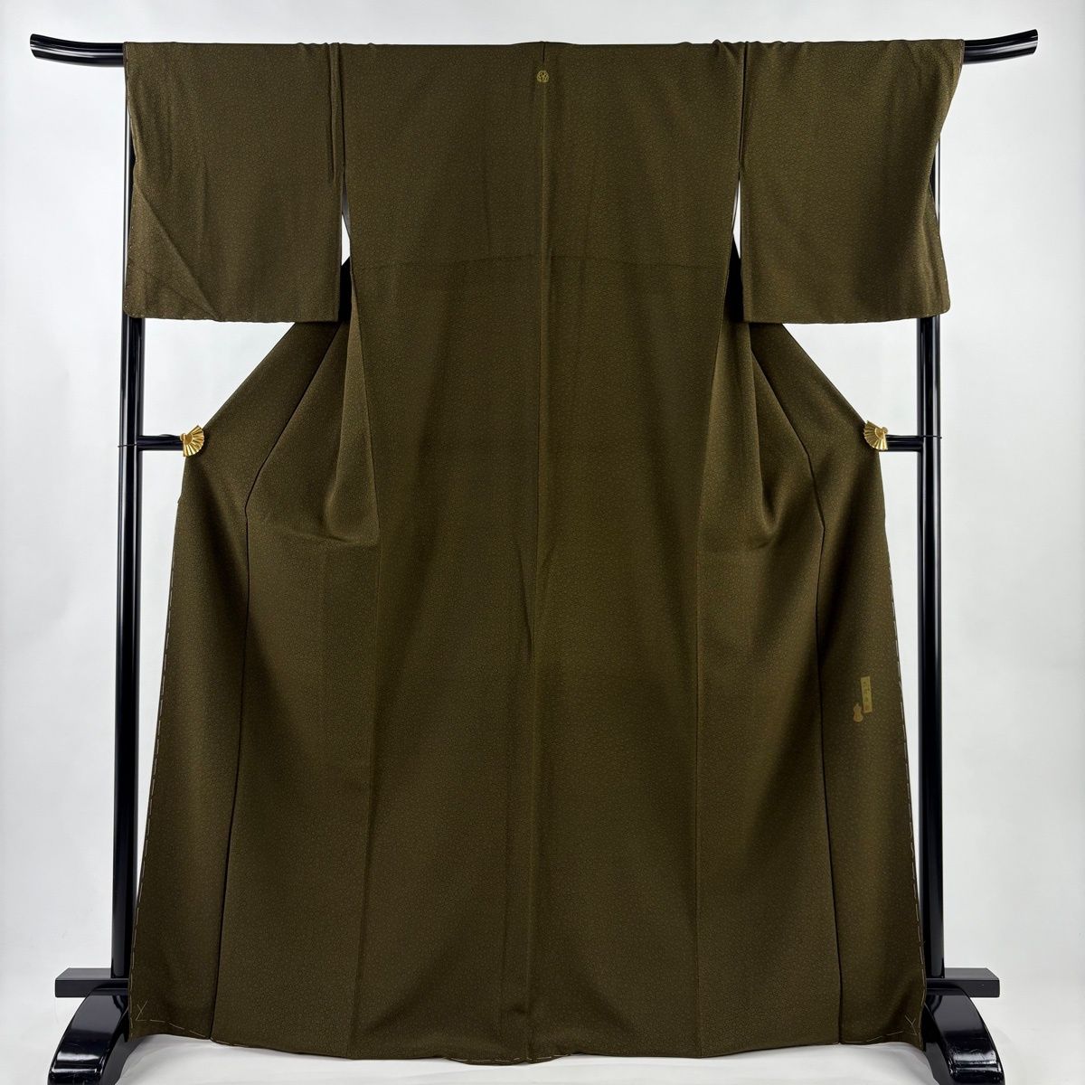 江戸小紋 身丈169.5 cm 裄丈70 L 袷 人間国宝 六谷梅軒 落款あり 鼓つなぎ 茶緑色 正絹