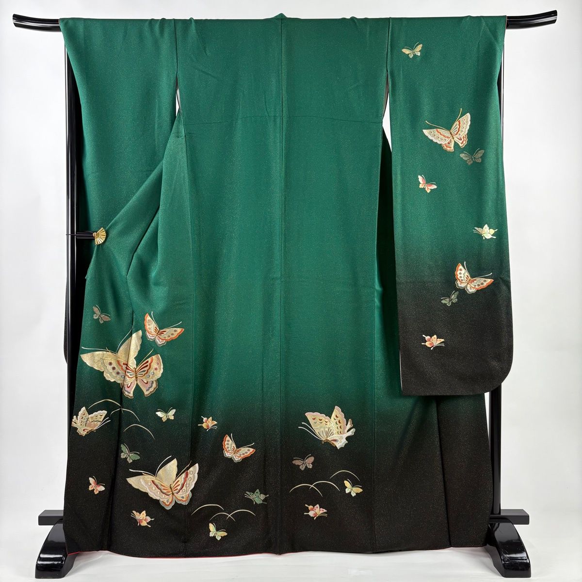 振袖 身丈167cm 裄丈68.5cm L 袷 蝶 刺繍 金通し 緑 正絹 名品 【】