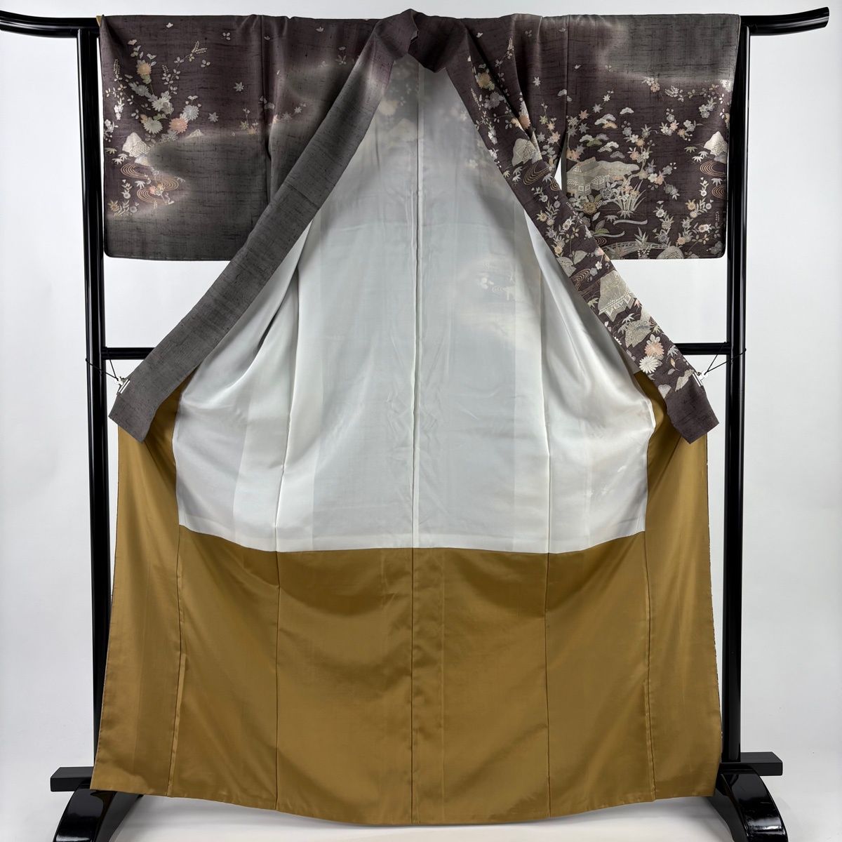  訪問着 身丈167.5 cm 裄丈66 M 袷 紬地 家屋 草花 染分け 小豆色 正絹 訪問着 付け下げ 着物