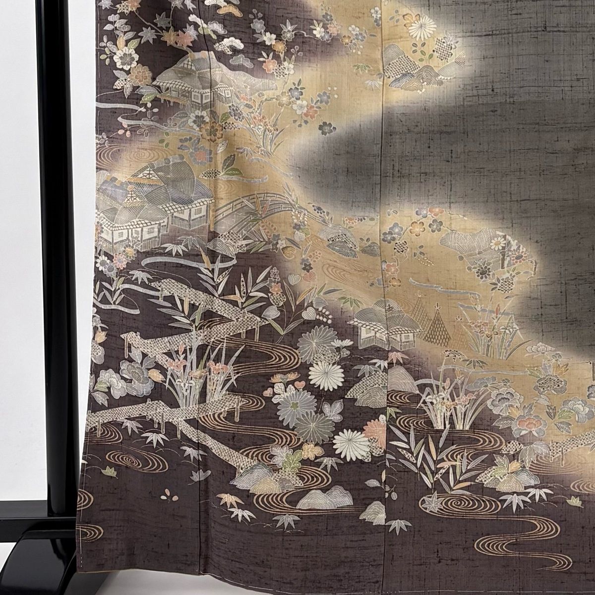 訪問着 身丈167.5 cm 裄丈66 M 袷 紬地 家屋 草花 染分け 小豆色 正絹 名品