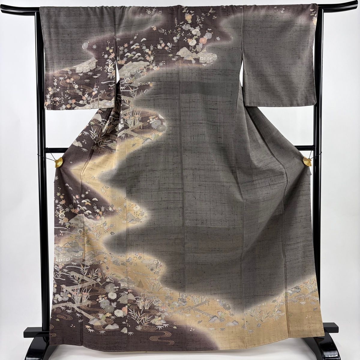 訪問着 身丈167.5 cm 裄丈66 M 袷 紬地 家屋 草花 染分け 小豆色 正絹 名品