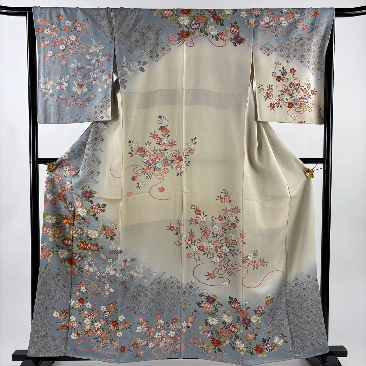 訪問着 身丈160 cm 裄丈65.5 M 袷 菊 桜 金糸 金彩 青灰色 正絹