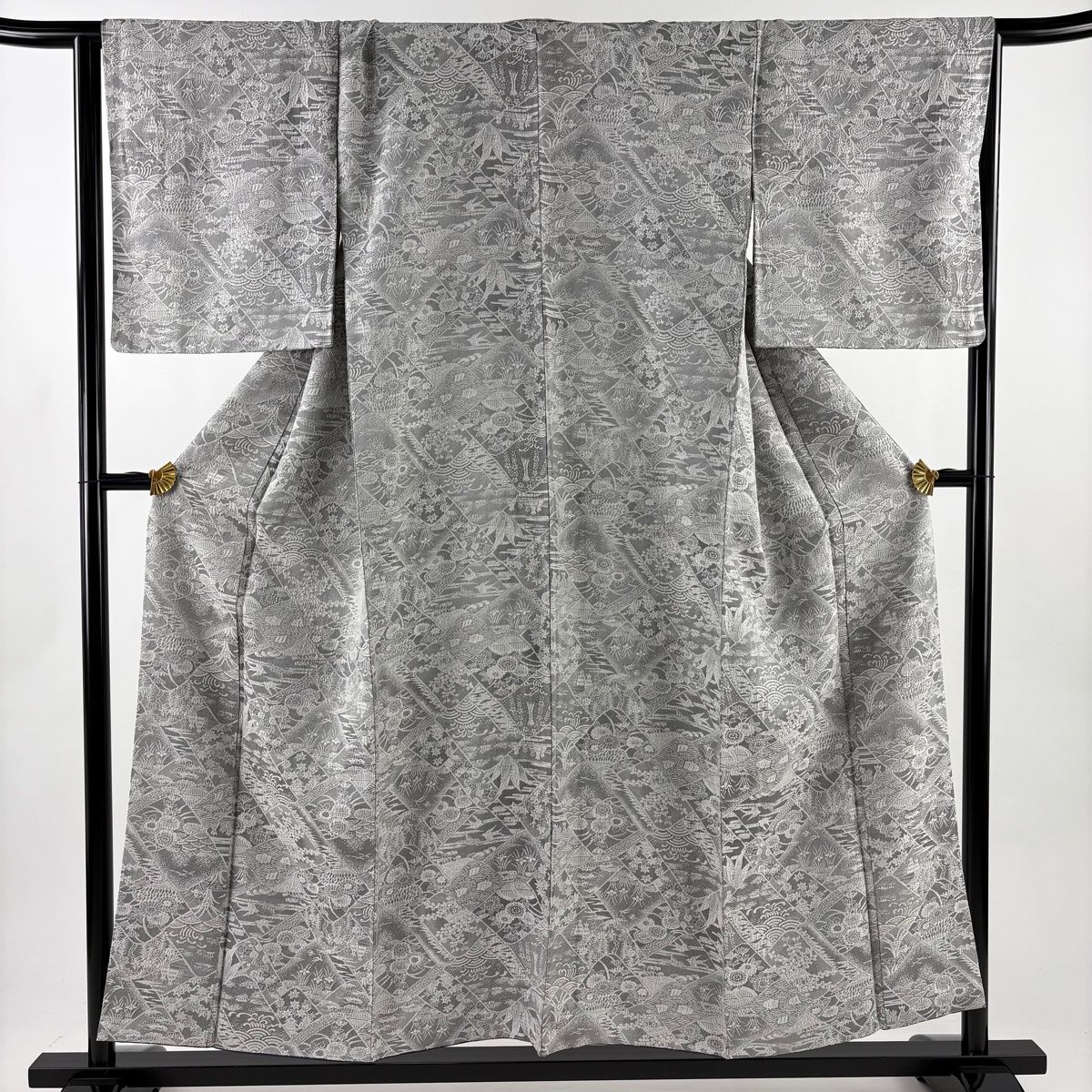 小紋 身丈153.5 cm 裄丈66.5 M 袷 紋意匠 鳥 草花 灰色 正絹 名品
